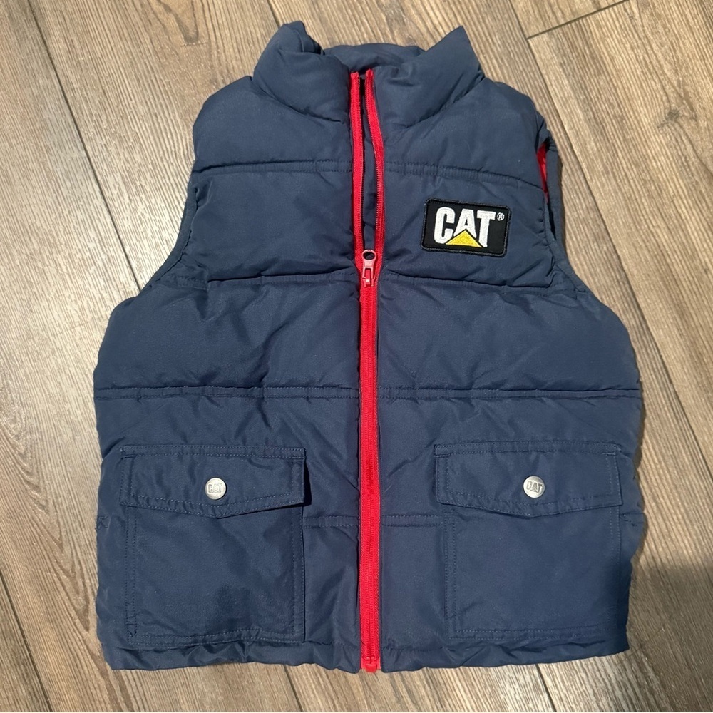 CAT Caterpillar Kids Puffer Vest Navy Red Insulated Logo Youth Size 4